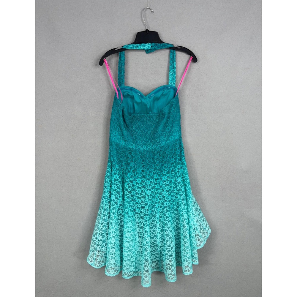 Betsey Johnson Halter Dress Womens 4 Teal Floral Lace Ombre High Low Party Prom - Picture 6 of 11